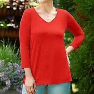 Susan Graver Red Liquid Knit V-Neck Tunic 3/4 Sleeve-5X -Petite Length -NWT